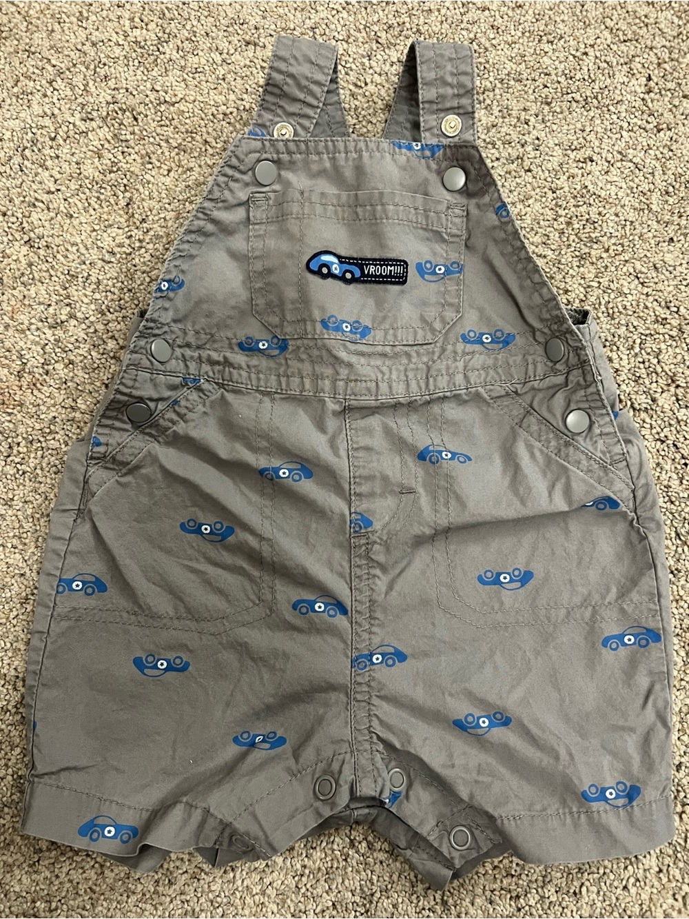 Carters Vroom Grey Cotton Baby Overalls with Blue Car Print 3M